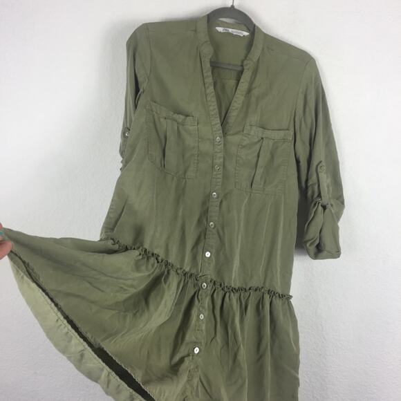 Zara Army Green Babydoll Ruffle Button Oversized Mini Dress XS Lightweight Beach - Picture 13 of 15